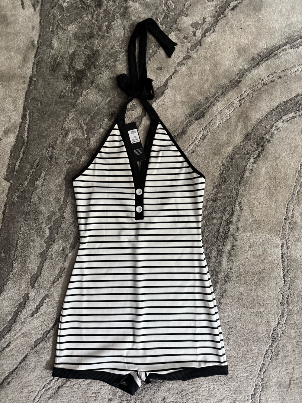 Fashion Nova Black & White Striped Halter Romper Top